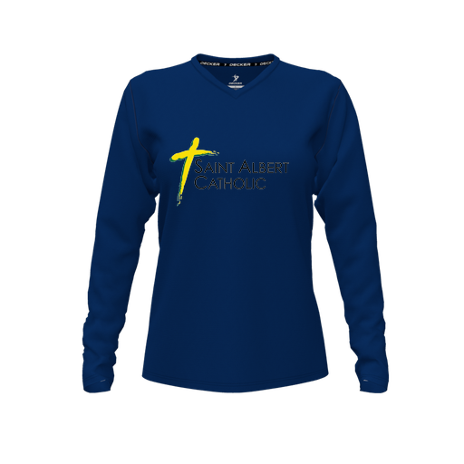 [CUS-DFW-TEES-CMF-VNK-LSL-NVY-FYXS-LOGO1] Decker Comfort T-Shirt (Female Youth XS, Navy, V Neck, Logo 1, Long Sleeve)