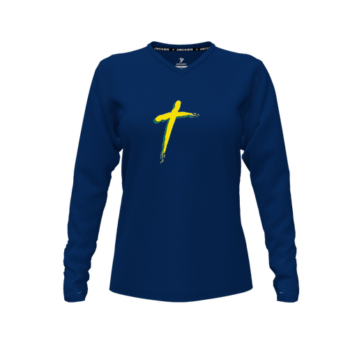 [CUS-DFW-TEES-CMF-VNK-LSL-NVY-FYXS-LOGO2] Decker Comfort T-Shirt (Female Youth XS, Navy, V Neck, Logo 2, Long Sleeve)