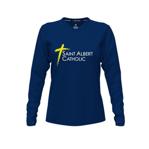 [CUS-DFW-TEES-CMF-VNK-LSL-NVY-FYXS-LOGO3] Decker Comfort T-Shirt (Female Youth XS, Navy, V Neck, Logo 3, Long Sleeve)