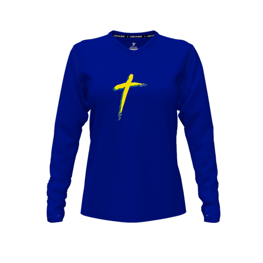 [CUS-DFW-TEES-CMF-VNK-LSL-RYL-FYXS-LOGO2] Decker Comfort T-Shirt (Female Youth XS, Royal, V Neck, Logo 2, Long Sleeve)