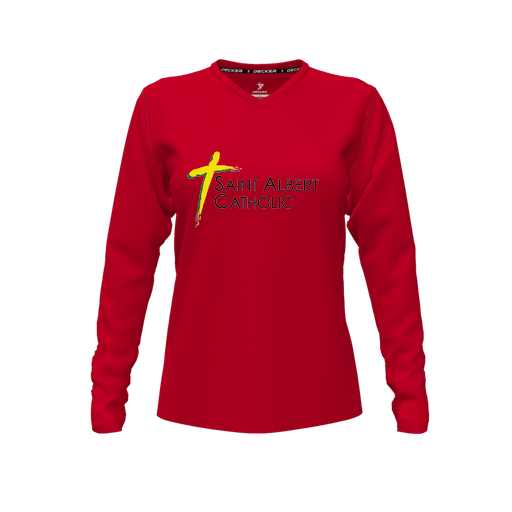 [CUS-DFW-TEES-CMF-VNK-LSL-RED-FYXS-LOGO1] Decker Comfort T-Shirt (Female Youth XS, Red, V Neck, Logo 1, Long Sleeve)