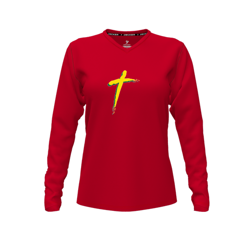 [CUS-DFW-TEES-CMF-VNK-LSL-RED-FYXS-LOGO2] Decker Comfort T-Shirt (Female Youth XS, Red, V Neck, Logo 2, Long Sleeve)