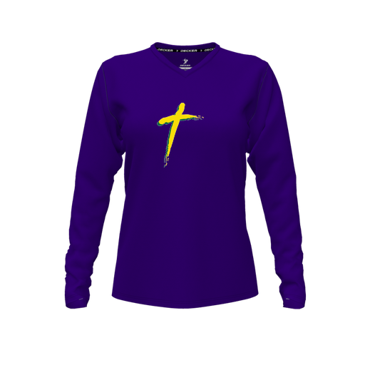 [FTLVPTPP-FYXS-LOGO2] Decker Performance T-Shirt (Female Youth XS, Purple, V Neck, Logo 2, Long Sleeve)